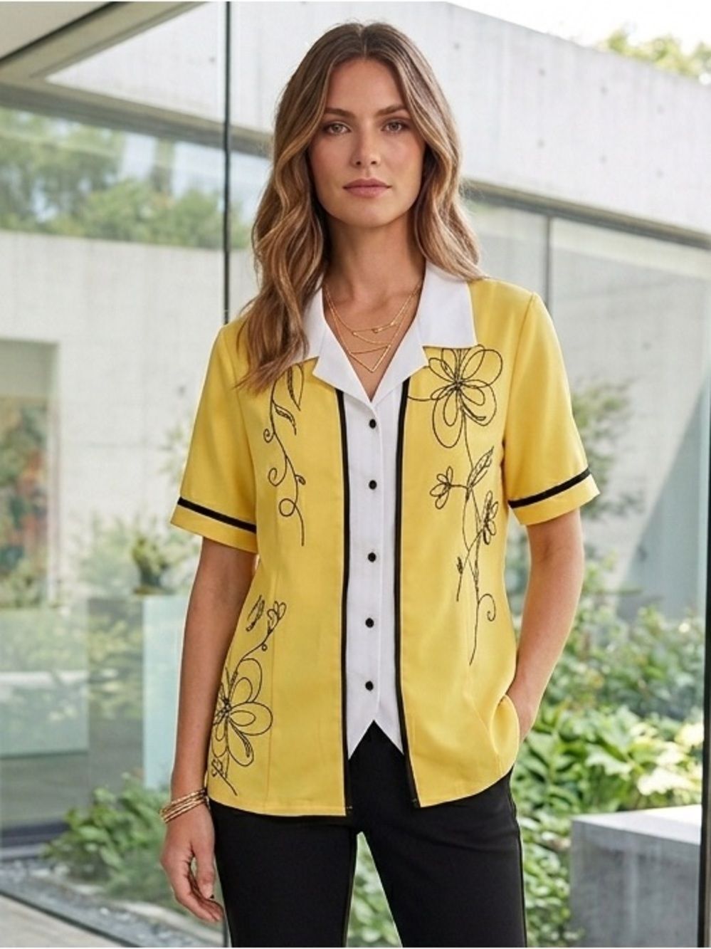 Take 50% Allison Daley Yellow Button-Front Shirt with White Placket, Size-10